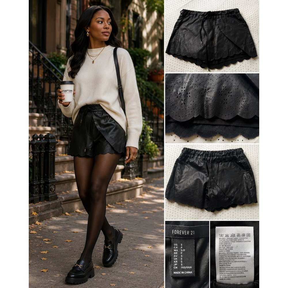 Forever 21 Faux Leather Scalloped Eyelet Shorts Black Small